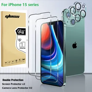 Paquete de 2 + 2 para iPhone 15 Pro Max Protector de pantalla de vidrio templado con Protector de lente de cámara sin burbujas antiarañazos