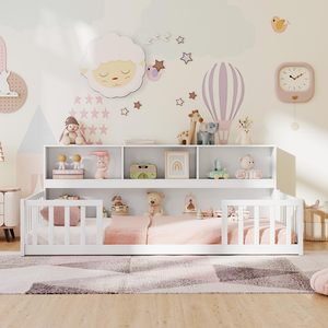 <span class=keywords><strong>Cama</strong></span> Montessori Moderna de Metal con Estantería, Estantes de Almacenamiento, Barandillas de Seguridad, Tamaño Personalizado, Camas Gemelas para Niñas y Niños - Product Image 4