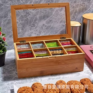 Wooden Tea Box With Compartments Transparent Glass Lid Rectangular Storage For Tea Bags Natural Wood Color - Product Image 1