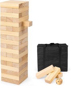 Jouet en bois de culbutage 54 pièces jeu d'empilage de blocs en bois de pin sac de transport, dés attachés, bord incurvé, jeu de tour de cour convient - Product Image 1
