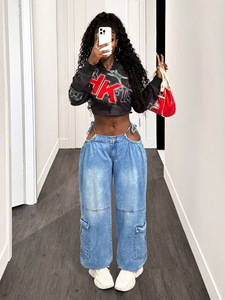 Jeans cargo pour femmes de style européen et américain Y2K, coupe ample, pantalon en denim décontracté, streetwear tendance et polyvalent pour femmes - Product Image 1