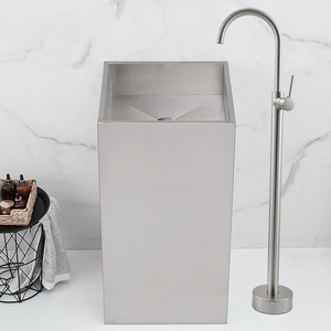 Lavabo sur pied carré moderne en acier inoxydable brossé SS304, lavabo intégré autoportant pour hôtel, bar et toilettes publiques commerciales - Product Image 2