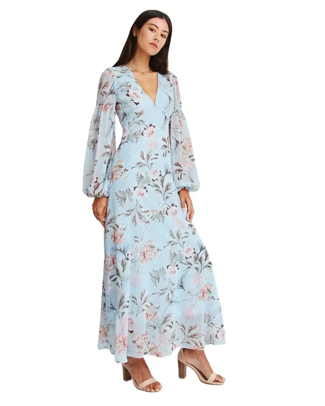 2021 Autumn Casual Custom Long Deep V Neck High Quality Long Sleeve Women Chiffon Floral Print Maxi Dress