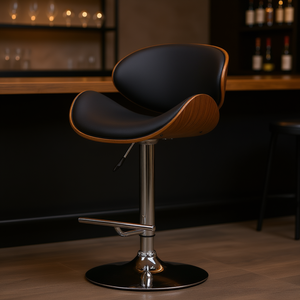 Marana Bentwood Adjustable Swivel Bar <b>Stool</b> Black Pu Leather <b>Round</b> Pedestal Base Contemporary Design - Product Image 2