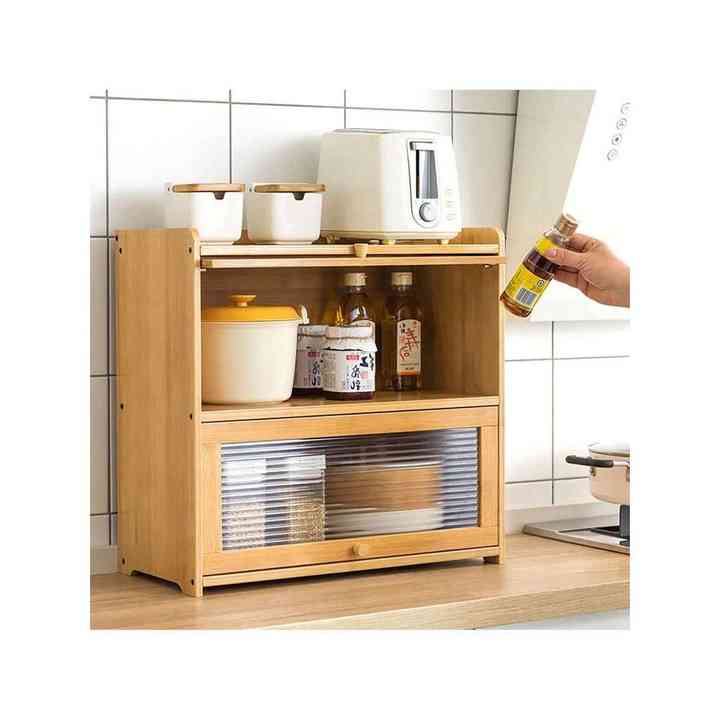 Large 2-Layer Bamboo Storage Cabinet with Multi-Use Kitchen Organizer Doors Tiered Countertop Countertop Organizer