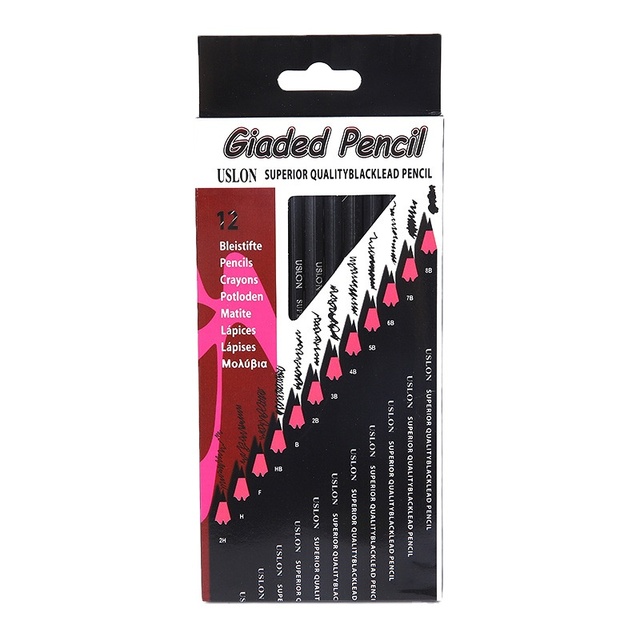 Professional Sketch Pens & Pencils Set Cartoon Stationery 12pcs Box 17.8cm Black Lead 2H-8B for Drawing Painting Art