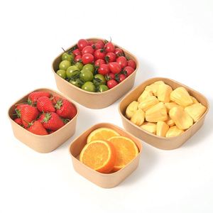 Bol en papier kraft à coins arrondis 100% biodégradable, récipient jetable pour salade de fruits avec couvercle transparent pour la vente en gros - Product Image 3