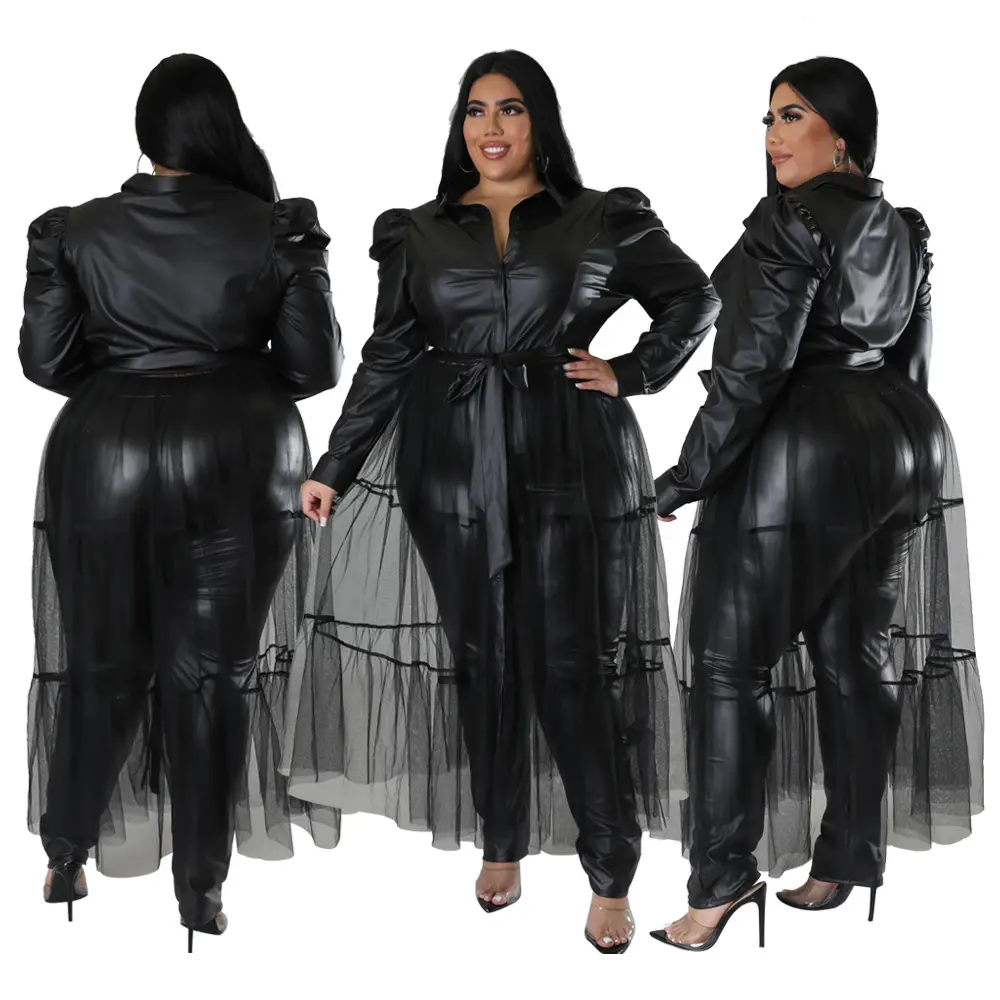 2022 New Arrival Spring Black Leather Mesh Patchwork Long Sleeve Dresses 4Xl Plus Size Women'S Dress