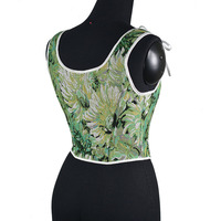 Offre Spéciale vert couleur Vintage avant à lacets fleur imprimé coloré poisson os mince court femmes Corset