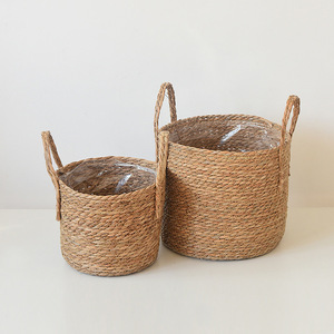 Seaweed Woven Plant <b>Basket</b> Round Standing Type Straw Fiber Balcony Flower Pot Storage <b>Basket</b> - Product Image 1
