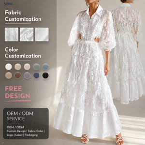 Abito da donna bianco casual midi in tessuto misto con scollo a V, colletto a risvolto, bottoni frontali, maniche corte a sbuffo, applicazioni 3D a foglia e cut-out - Product Image 1