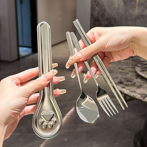 304 Stainless Steel Spoon Fork Chopsticks Set Portable Cute Design For Travel Student Use Dishwasher Safe - Product Image 1