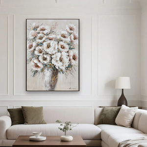 Décoration de maison de style moderne, fleurs blanches, nature morte, peinture botanique sur toile, art mural, peinture à l'huile de fleurs avec cadre en bois - Product Image 2