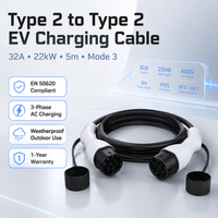 Câble de recharge pour véhicules électriques Type 2 vers Type 2, 32A 22kW 5m, Mode 3 EN 50620 pour véhicules électriques européens