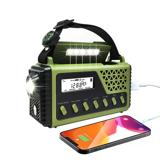 Outdoor Emergency Weather Radio 8000mAh Power Bank with Solar Hand Crank & Type-C Charging for SOS Flashlight (Plastic)