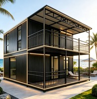Maison conteneur à deux étages avec structure noire, maison préfabriquée modulaire, villa de luxe pour station balnéaire, installation rapide, villa prête à l'emploi