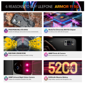 โทรศัพท์มือถือ <span class=keywords><strong>Ulefone</strong></span> <span class=keywords><strong>Armor</strong></span> 11 5G รุ่นทนทาน ระบบปฏิบัติการ Android หน่วยความจำ 8GB + 256GB มาตรฐานกันน้ำ IP68 หน้าจอ 6.1 นิ้ว FHD+ กล้อง 48MP รองรับ NFC - Product Image 3