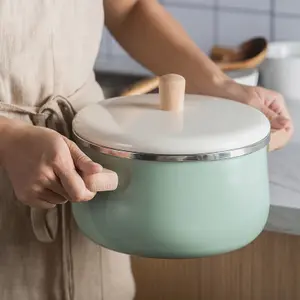 Japanese Enamel Porcelain Cookware Pot And Saucepan Enamel Milk Pan With Wooden Handle