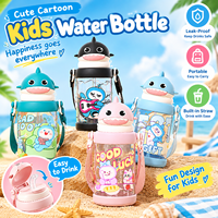 Bouteille d'eau pour enfants de 650 ml, anti-fuite, en plastique, avec paille et cordon, sans BPA, design requin, pour les élèves et les activités de plein air