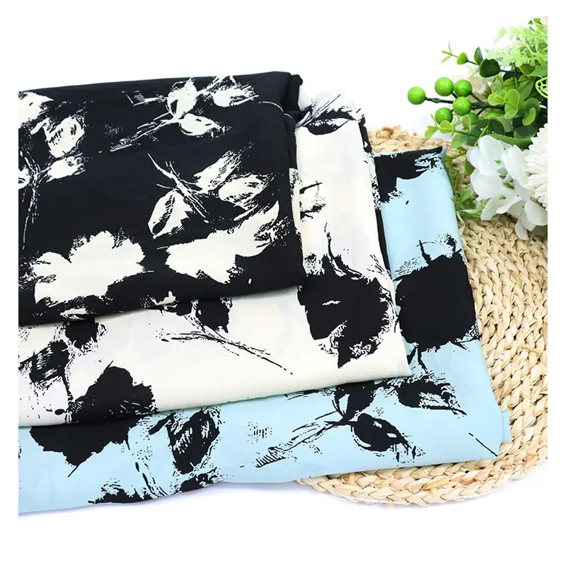 High quality large flower ink painting pattern print black soft trouser shirt garment fabric