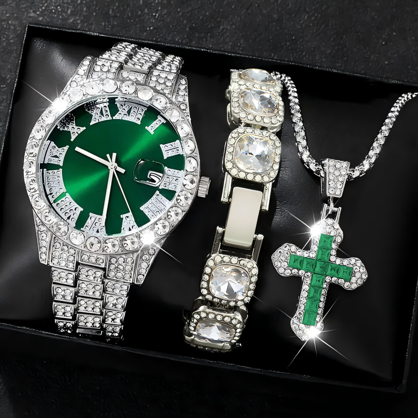 Montre vert argenté + bracelet blanc argenté + collier vert argenté