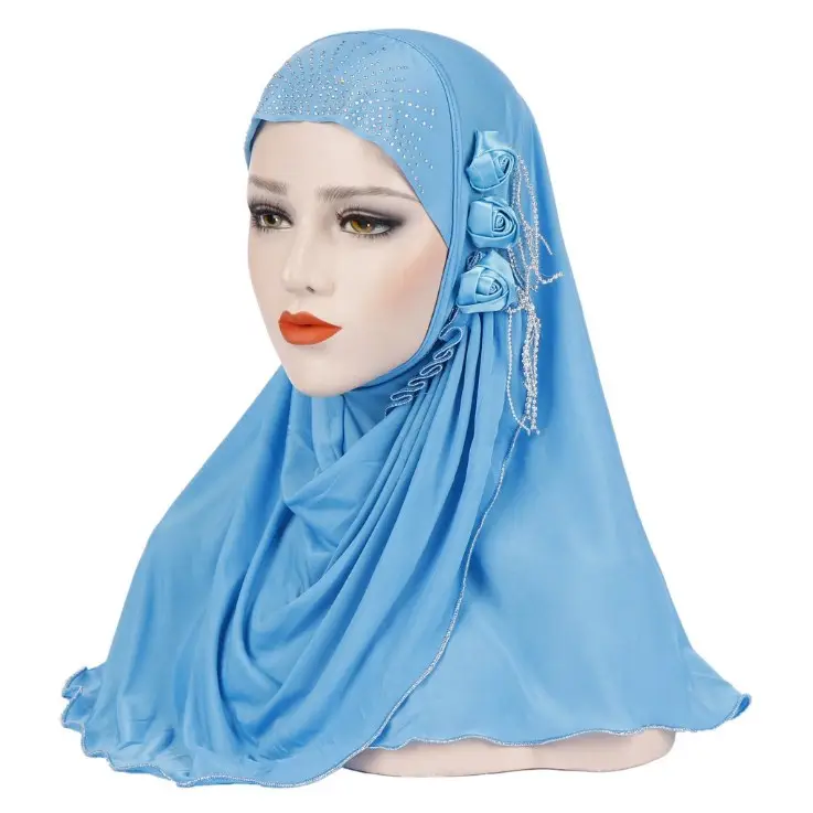 Women Muslim Instant Hijab Three Florets Tassel Applique Head Wrap Scarf Shawl With Rhinestones