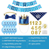 Kit de Décoration Anniversaire pour Animaux de Compagnie Motif Écossais Bleu pour Chats et Chiens avec Bandana, Couronne, Chapeau, Bannière, Ballons Patte et Autocollants Chiffres