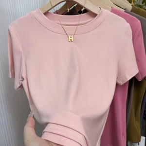 T-shirts pour femmes en gros, style Y2K, été, couleur unie, coupe ajustée, manches courtes, en polyester extensible avec col rond - Product Image 1