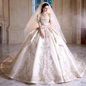 Lsjj144 Elegant Ivory Bridal Ball Gown Sweetheart Beaded Bodice <b>Silver</b> Applique Satin Draped Skirt Wedding <b>Dress</b> Chapel Train - Product Image 1