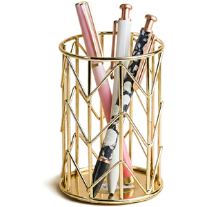 Organizador de Escritorio Redondo Minimalista de Metal, Soporte para Almacenamiento de Bolígrafos y Artículos Esenciales de Oficina, Diseño de Jaula Independiente, Acero Inoxidable - Product Image 1