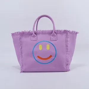 Penjualan langsung pabrik tas jinjing ungu fesyen desain Logo kustom tas jinjing wanita kanvas tahan air pantai bepergian luar ruangan