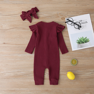 Combinaison pour bébé fille de qualité supérieure, couleur unie, automne, vêtements pour nouveau-né, barboteuses avec bandeau - Product Image 6