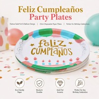 Assiettes jetables rondes dorées « Feliz Cumpleaños » pour fête d'anniversaire mexicaine