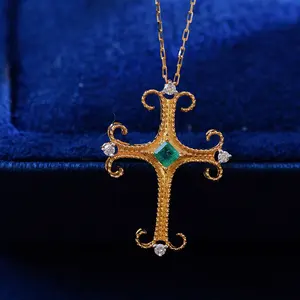 New Products Pure gold Accessories Jewelry 18K Gold Natural Emerald and Diamond Cross Necklace for Women
