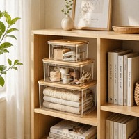Boîte de rangement empilable en PET avec couvercle en bambou, organisateur de rangement domestique pour cuisine, garde-manger, buanderie, salle de bain, distributeur de bureau