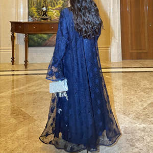 Robe maxi musulmane en satin de luxe LEDUO, deux pièces, avec broderies et manches évasées en dentelle, Abaya - Product Image 3