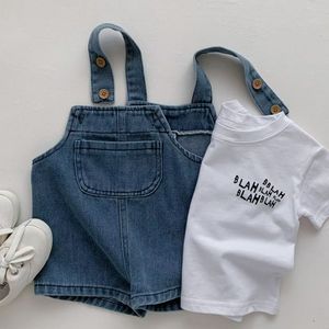Nouveau unisexe Denim salopette Shorts léger été lettre chemise coupe ample réglable <span class=keywords><strong>Jean</strong></span> bretelles bébé vêtements ensembles - Product Image 3