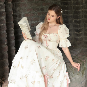 Femmes rose imprimé fleuri Vintage <span class=keywords><strong>invité</strong></span> de <span class=keywords><strong>mariage</strong></span> Maxi robe manches bouffantes col carré nœud garniture à plusieurs niveaux volants bouton décoration - Product Image 5