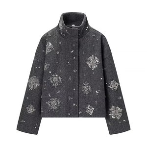 <strong>Women</strong> Stand Collar Dandelion Rhinestone Embellished Cropped <strong>Jacket</strong> Ladies <strong>Sparkly</strong> Crystal Beaded Loose Fit Short Outerwear - Product Image 4