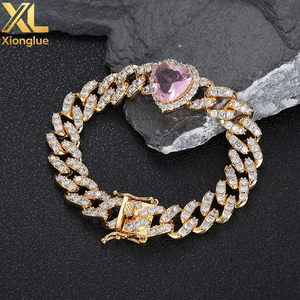 10mm Single Row Cuban Chain Bracelet Iced Out Pink Heart CZ Stone Silver Plated Prong Cuban Link Chain Gift for Women - Product Image 3