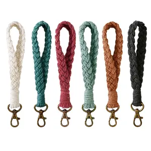 Wholesale Solid Color Boho Woven Handmade Keychain Bracelet Cotton Rope Card Key Holder Wristlet keychain