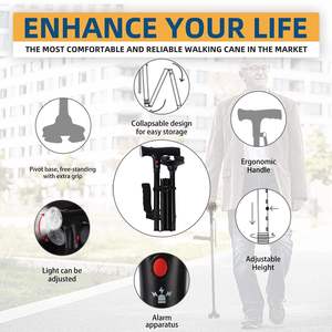 Hot bán tùy chỉnh Hợp kim nhôm ráp đi bộ mía dính Nạng với ánh sáng LED và hệ thống báo động màu đen - Product Image 2