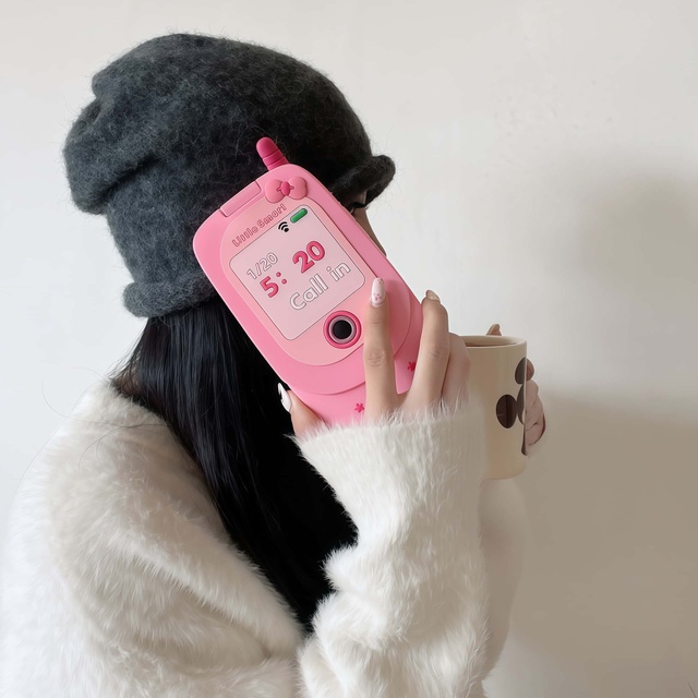 Cute Pink Flip Retro Brick Cartoon Design Real Silicone Shockproof Phone Case for 12 13 14 15 Pro Max