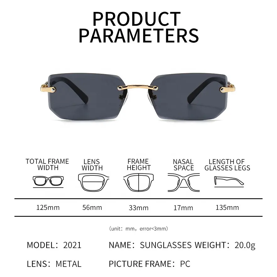 Vente en gros pas cher pour hommes, lunettes de soleil rectangulaires carrées avec logo personnalisé à la mode, lunettes de soleil unisexes sans monture 2024, vente en ligne