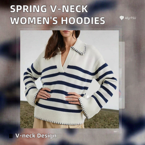 Sweat-shirts décontractés imperméables doublés pour femmes, col en V, manches longues, col rabattu, tendance printemps, fabriqués en usine - Product Image 2