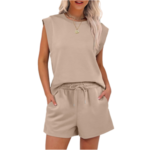 Ensemble de vêtements de détente pour femmes en 2 pièces, été, 100% coton, t-shirts et shorts de cycliste, coupe ajustée confortable, respirant, écologique - Product Image 1
