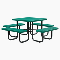 Table de pique-nique industrielle en acier expansé de qualité commerciale pour l'extérieur, avec quatre bancs, pour 8 personnes, en métal, de forme carrée, pour patio extérieur.