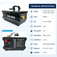 Machine à fumée LED robuste 2000W, 5 min de préchauffage, réservoir 2,5L pour concerts, scènes et événements (location)