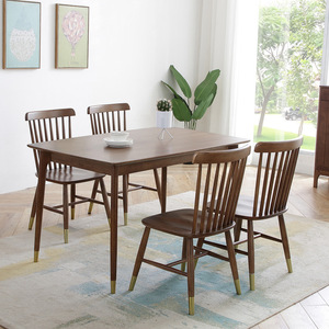 Nordic Solid Wood Dining Table And Chair <b>Set</b> 6 Piece Walnut Color Framework Structure Dining Room <b>Set</b> - Product Image 3