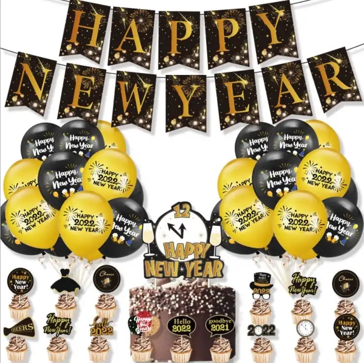 2022 Happy New Year Black Gold Number Balloon Banner 2022 New Year Eve Decoration